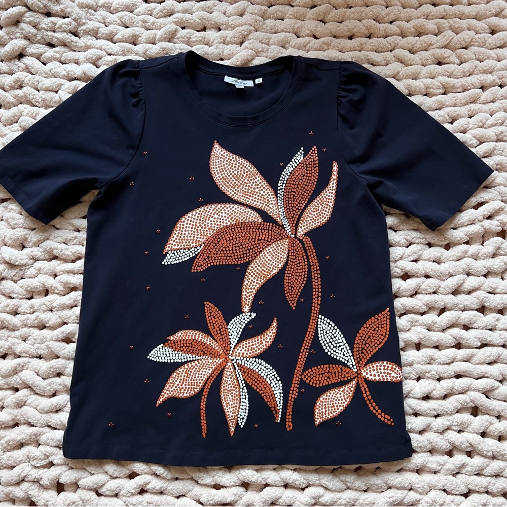 Chico’s Women’s Navy Blue Embellished Floral Dot Print Top – Size 1 (US Medium) - Picture 10 of 14